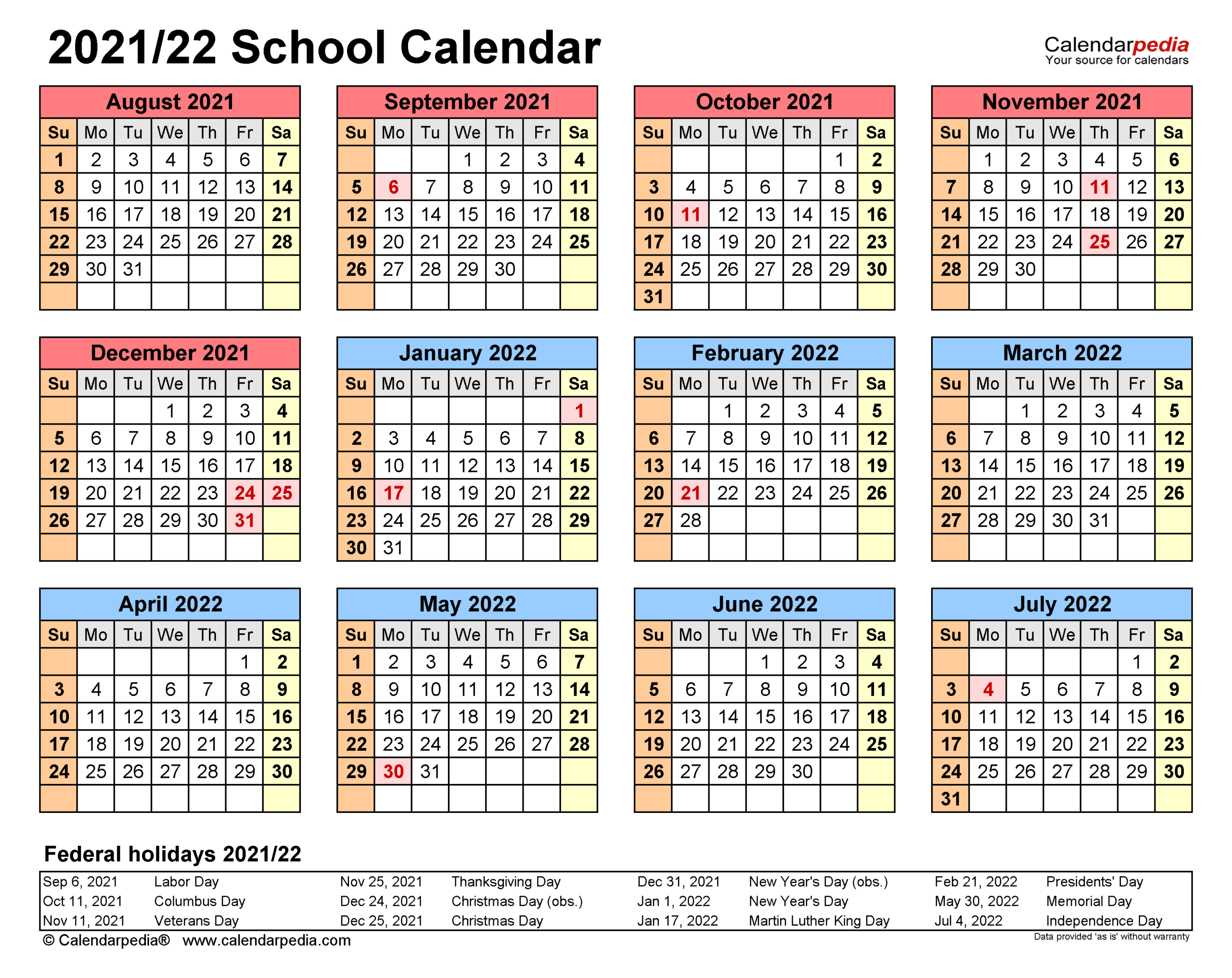 2021 To 2022 School Calendar | Printable Calendars 2021-2022 Calendar Printable Time And Date