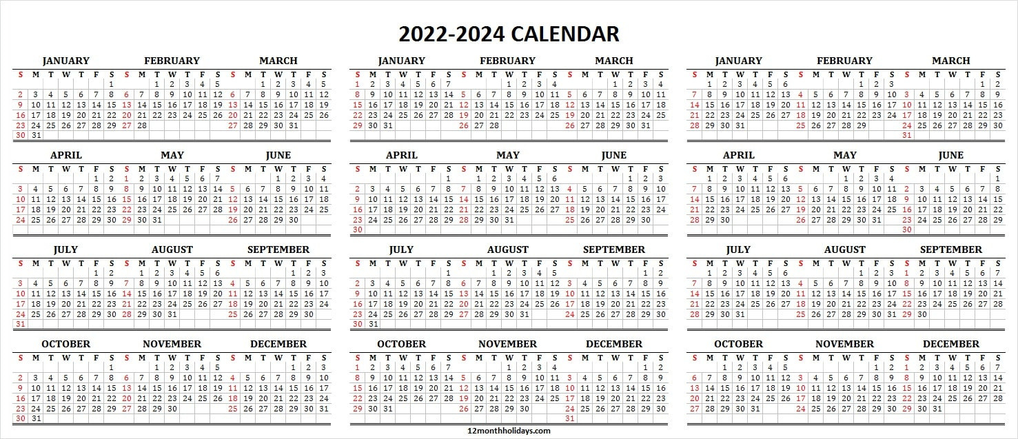 2022 2023 2024 Calendar Printable Template | 3 Year Calendar Planner-Calendar Year 2022 And 2023