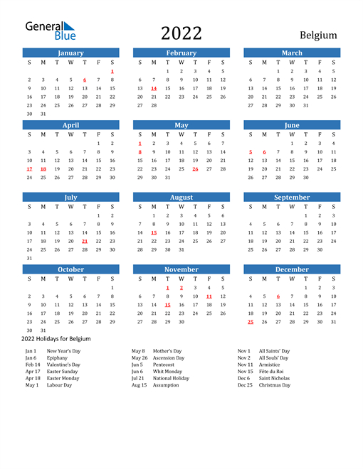 2022 Belgium Calendar With Holidays-2020 Calendar 2022 Printable With Holidays