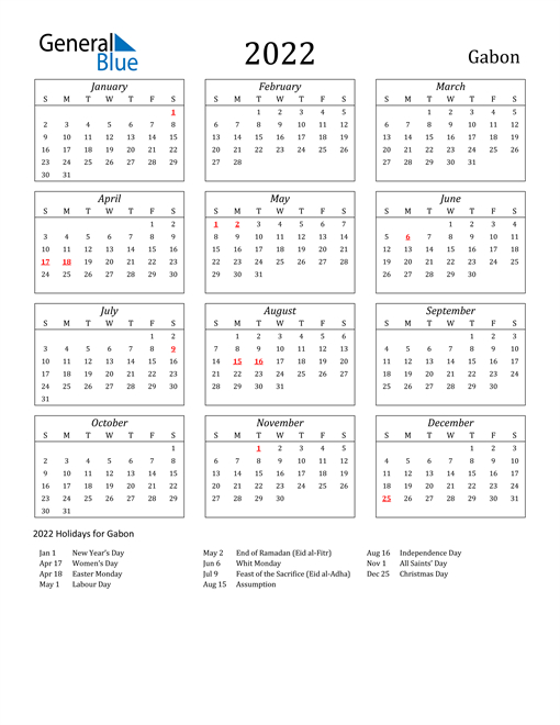 2022 Calendar - Gabon With Holidays-2022 Calendar Printable Time And Date