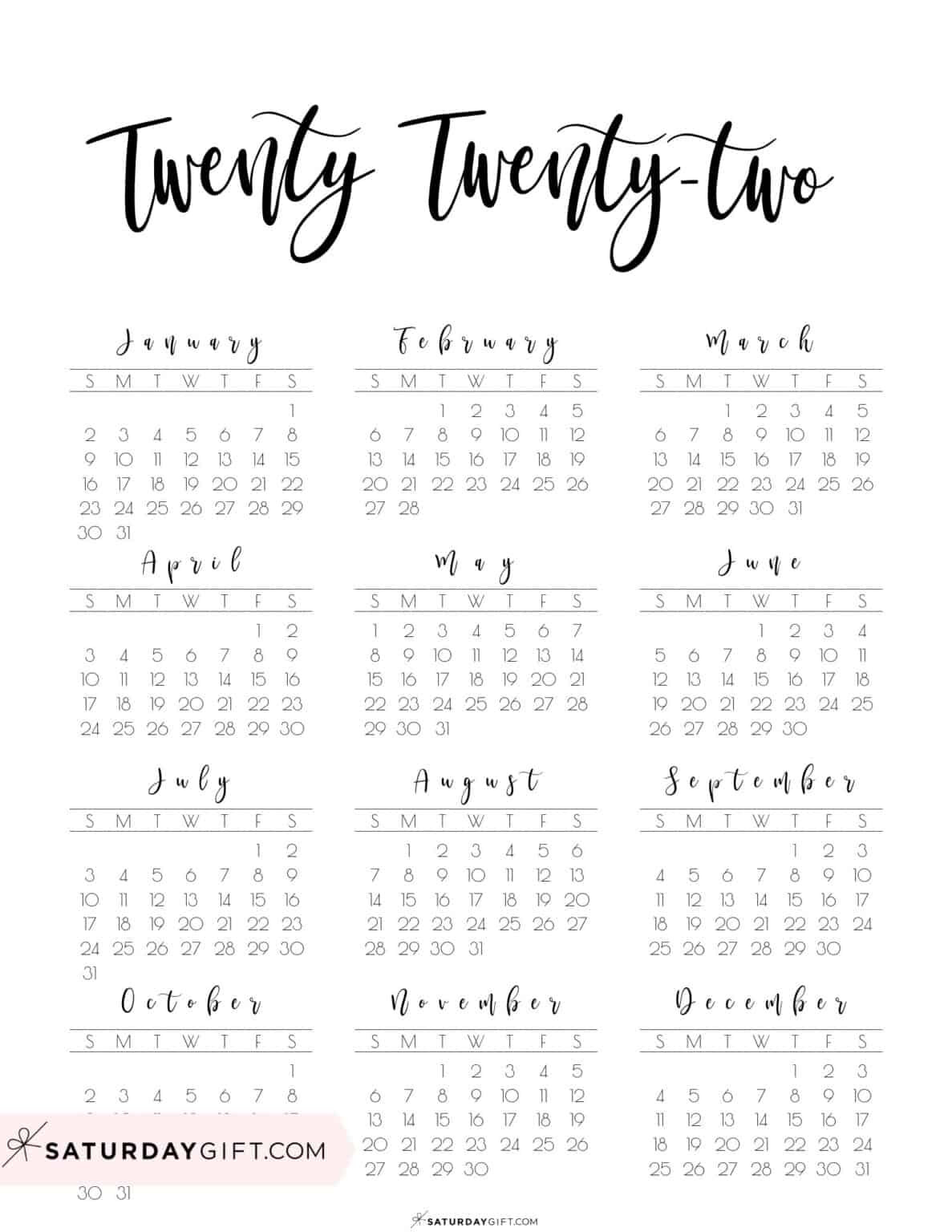 2022 Calendar Printable - Cute &amp; Free 2022 Yearly Calendar Templates-Year At A Glance Calendar 2022