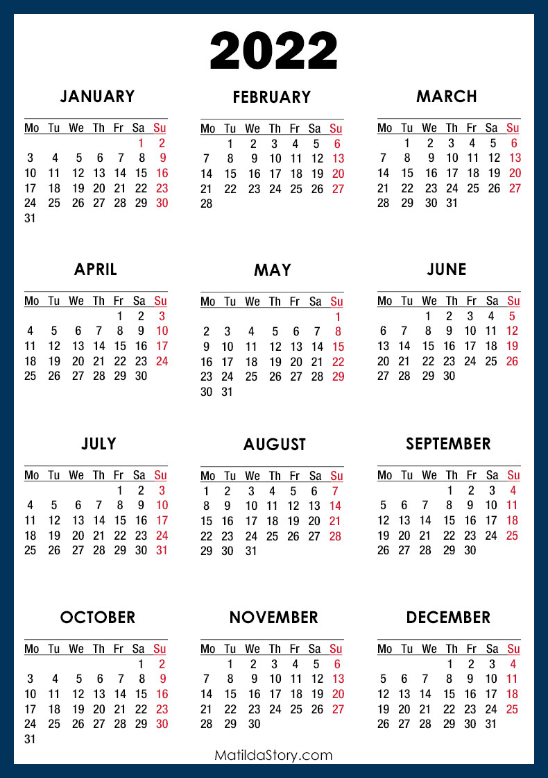 2022 Calendar Printable Free, Blue - Monday Start - Matildastory-Printable 2022 Calendar Monday Start