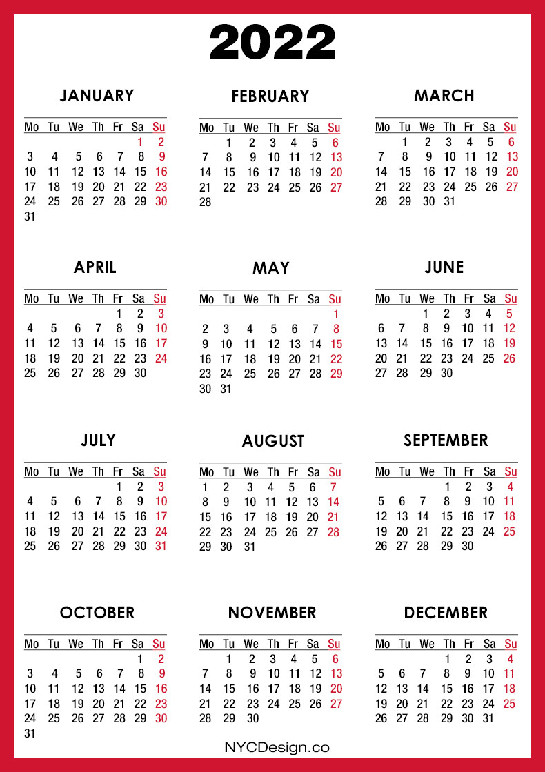 2022 Calendar Printable Free, Red - Monday Start - Nycdesign.co-2022 Printable Calendar By Month