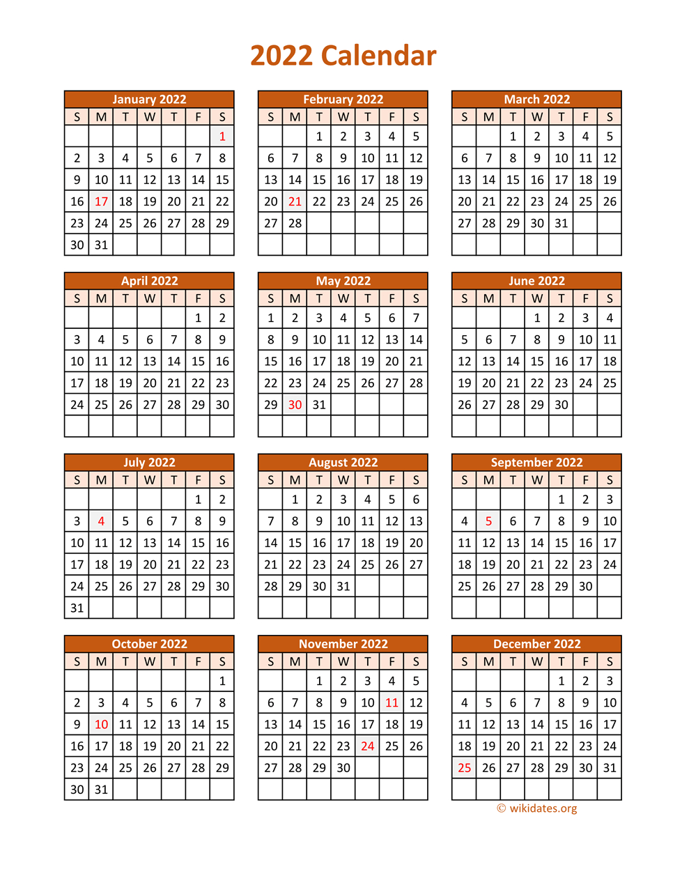 2022 Calendar Printable One Page - 2022 Holiday Calendar-Yearly Calendar 2022 Free Printable