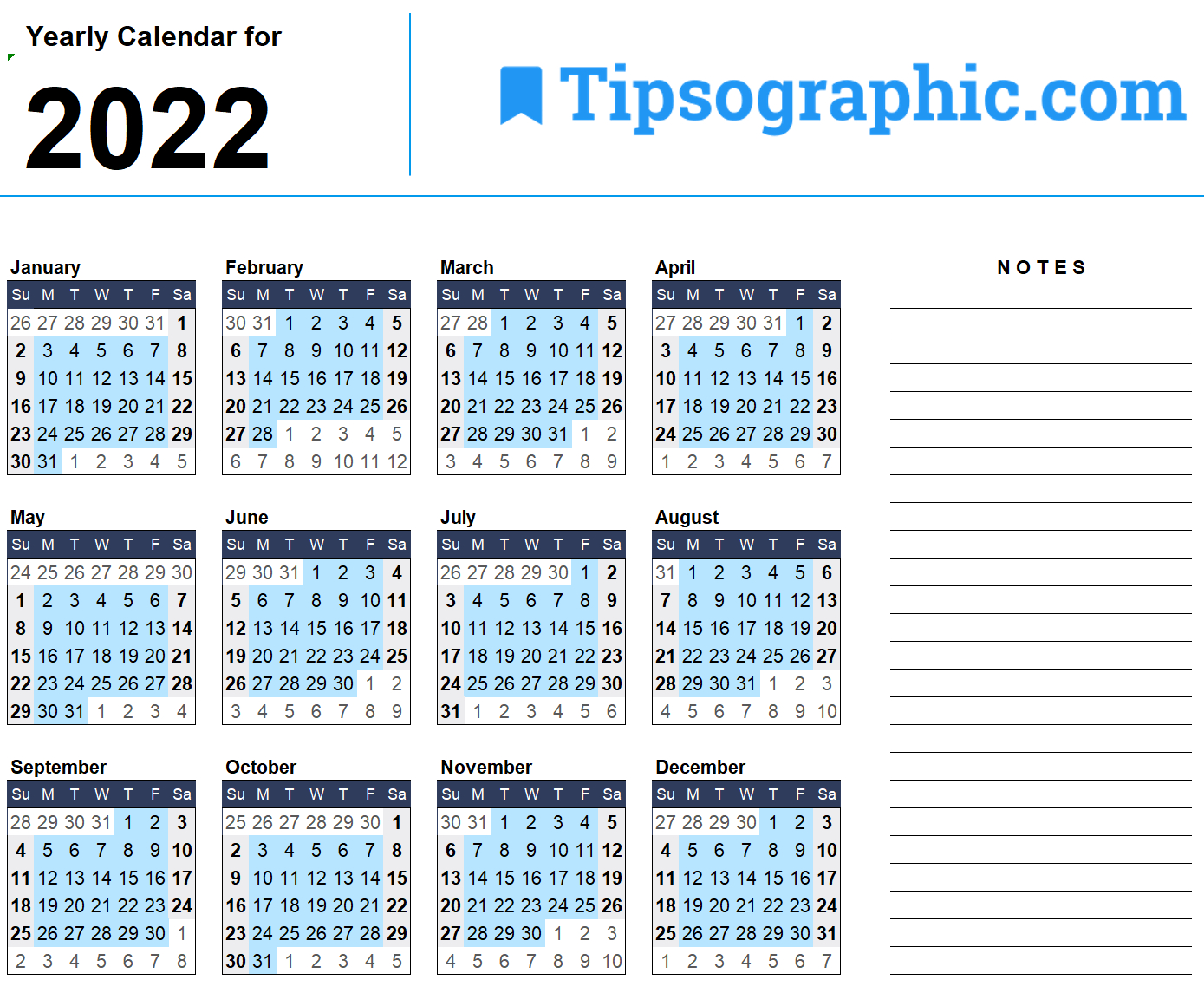 2022 Calendar Templates &amp; Images | Tipsographic-Printable Monthly Calendar For 2022
