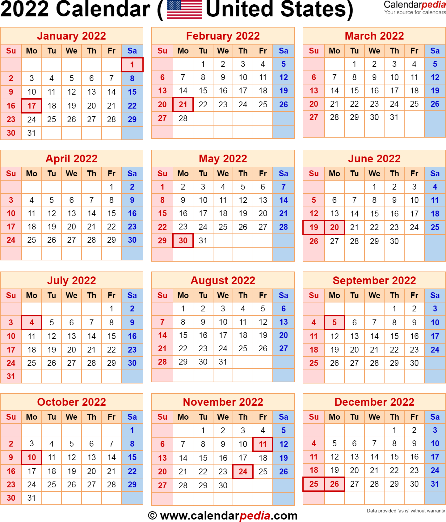 2022 Calendar With Federal Holidays-2022 Calendar With Holidays Printable Free