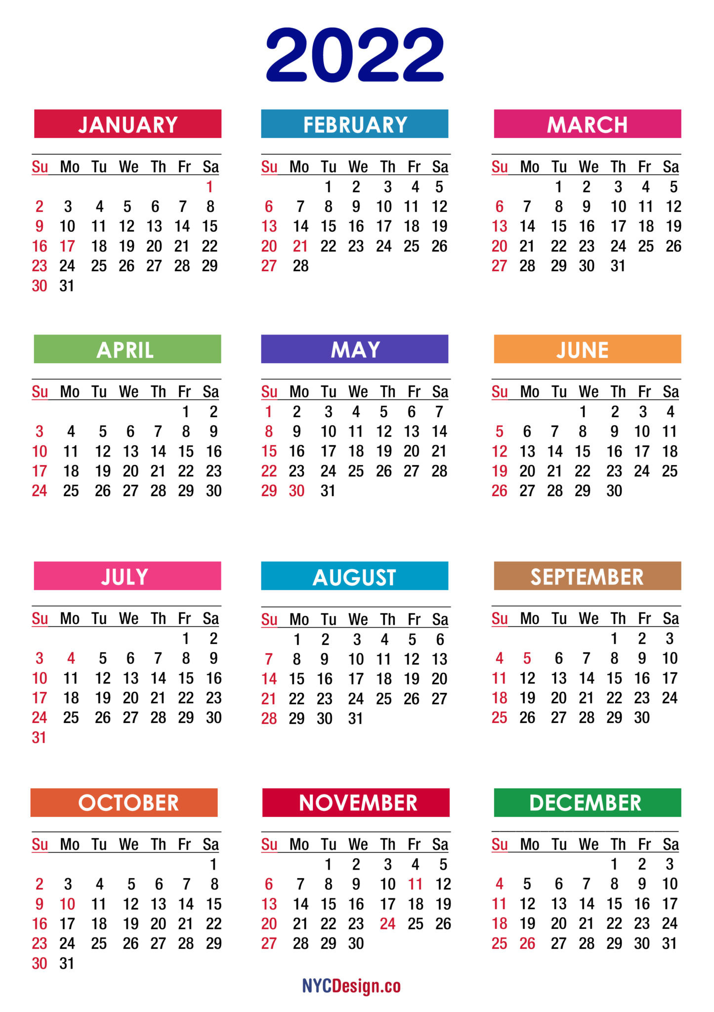 2022 Calendar With Holidays, Printable Free, Pdf, Colorful - Sunday-Printable 2022 Calendar Monday Start