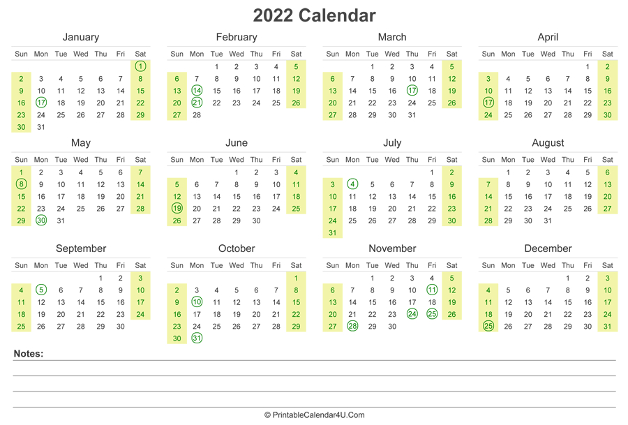 2022 Calendar With Us Holidays And Notes (Landscape Layout)-Printable Monthly Calendar 2022 Uk