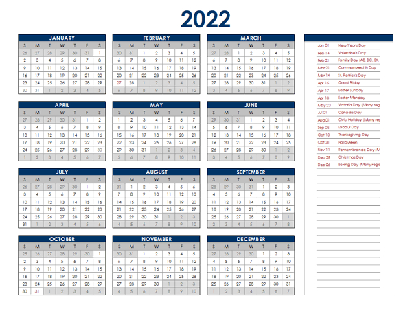 2022 Canada Annual Calendar With Holidays - Free Printable Templates-Bank Holiday Calendar For 2022