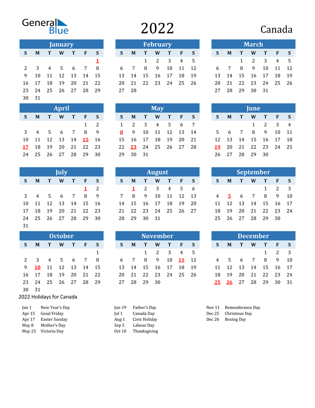 2022 Canada Calendar With Holidays-Printable 2022 Calendar With Canadian Holidays