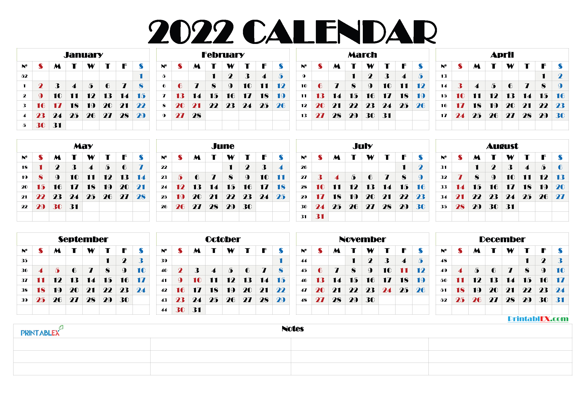 2022 Free Printable Yearly Calendar With Week Numbers - 22Ytw198-2022 Yearly Calendar Printable One Page
