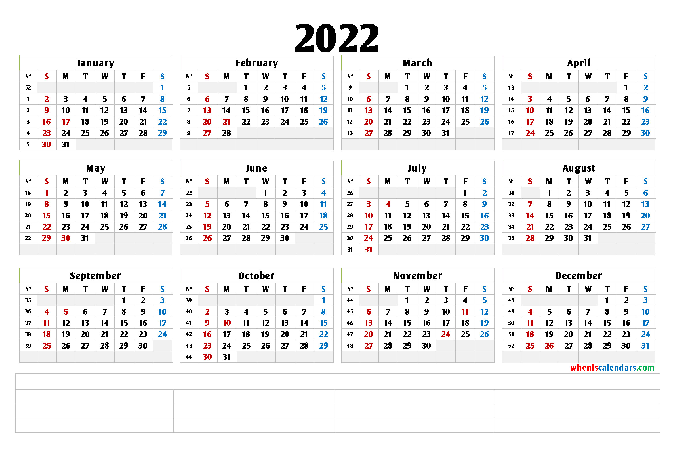 2022 Free Printable Yearly Calendar With Week Numbers (6 Templates)-Free Printable Calendar 2022 Pdf