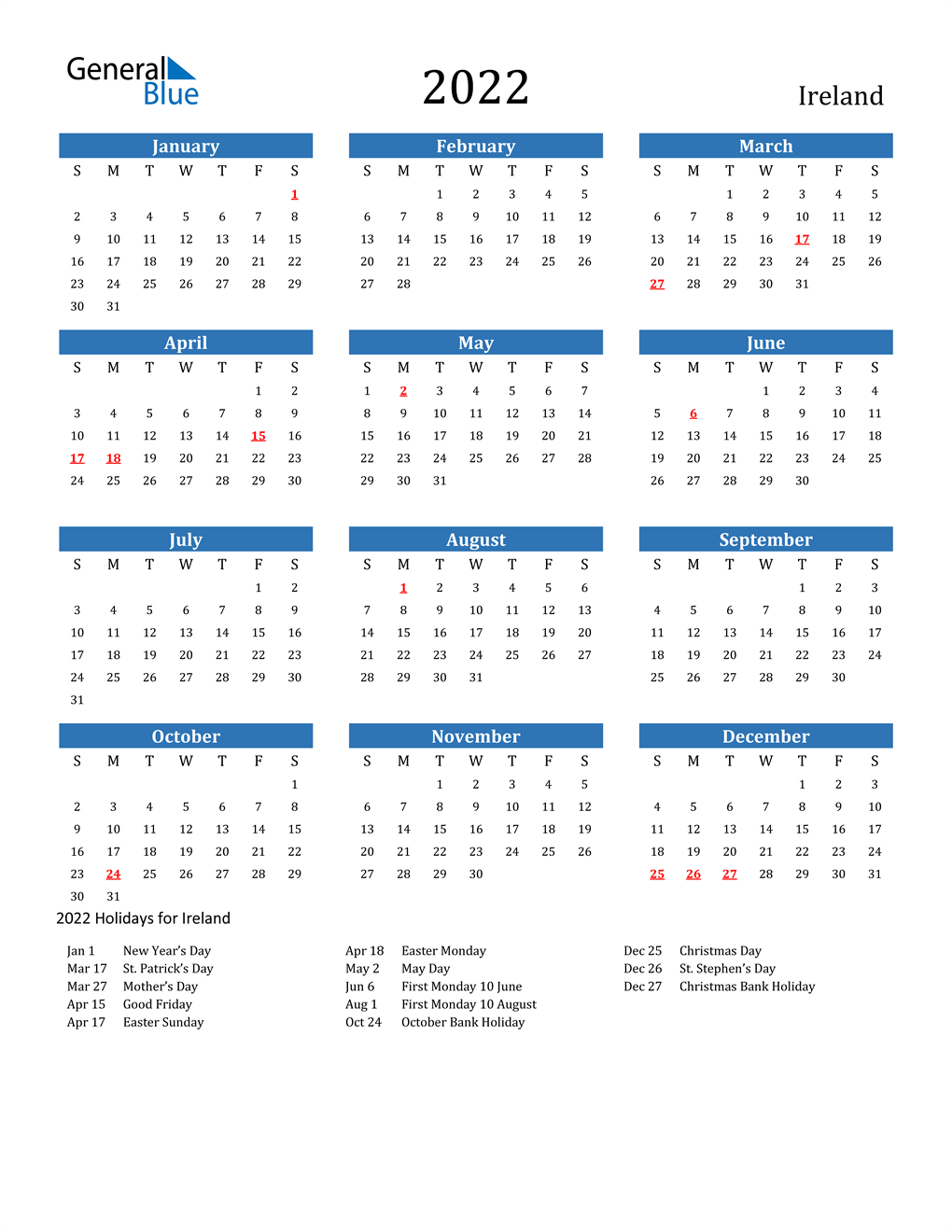 2022 Ireland Calendar With Holidays-Printable 2022 Calendar Monday Start