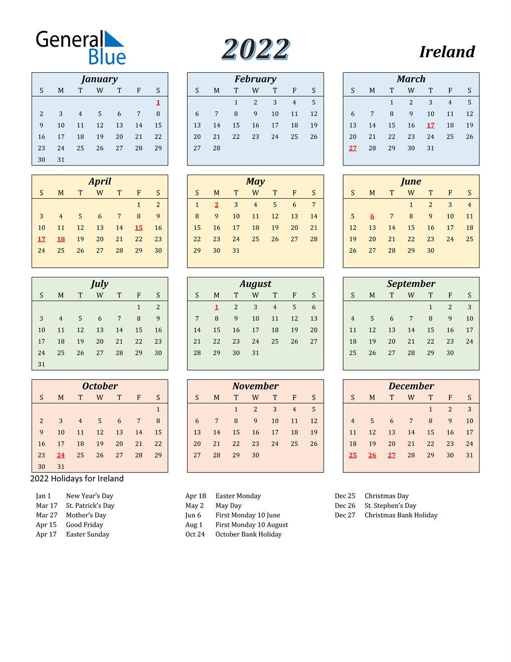 2022 Ireland Calendar With Holidays-Year To View Calendar 2022 Printable
