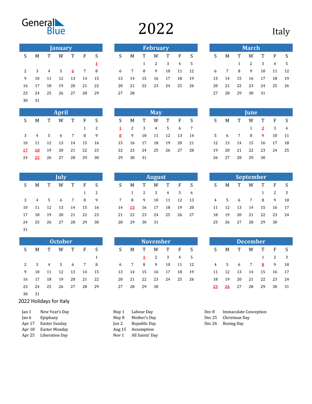 2022 Italy Calendar With Holidays-2022 Calendar With Holidays Printable Free