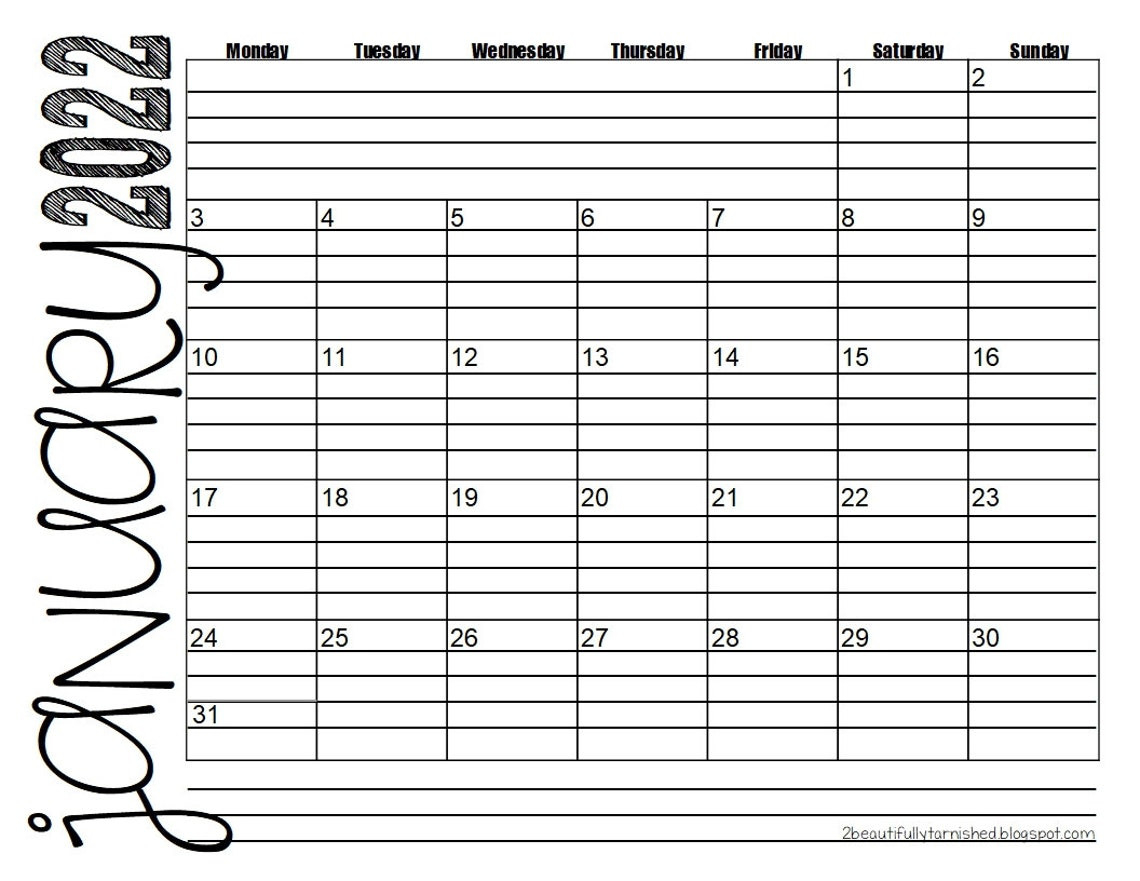 2022 Monday Start Lined Monthly Calendars 8.5X11 Landscape | Etsy-2022 Printable Calendar With Notes