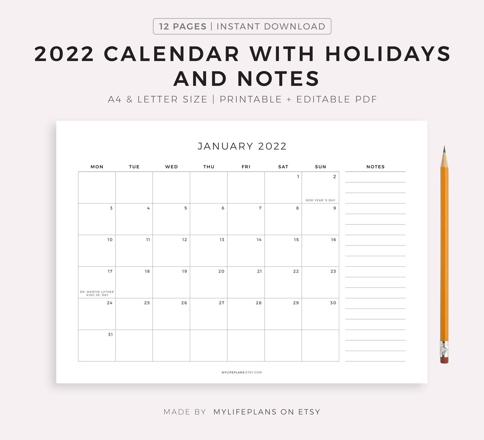 2022 Monthly Calendar With Holidays &amp; Notes Printable | Etsy-2022 Printable Calendar With Notes