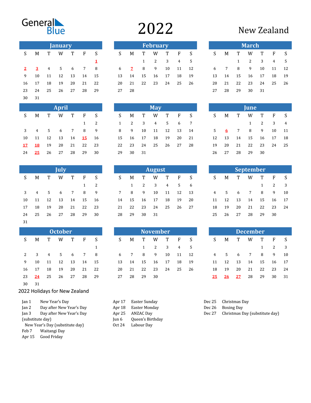 2022 New Zealand Calendar With Holidays-Download Calendar 2022 Pdf Online
