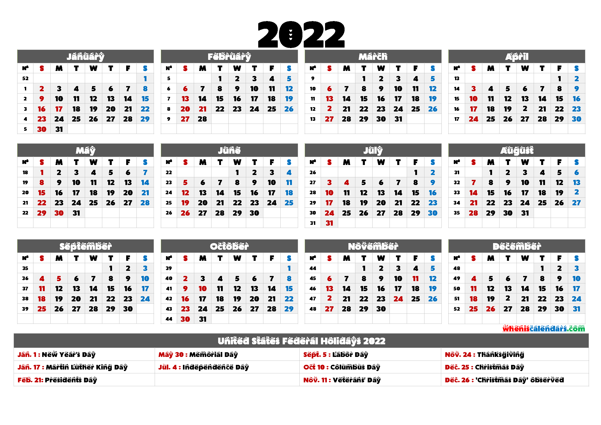 2022 One Page Calendar Printable - 6 Templates-2022 Yearly Calendar Printable One Page