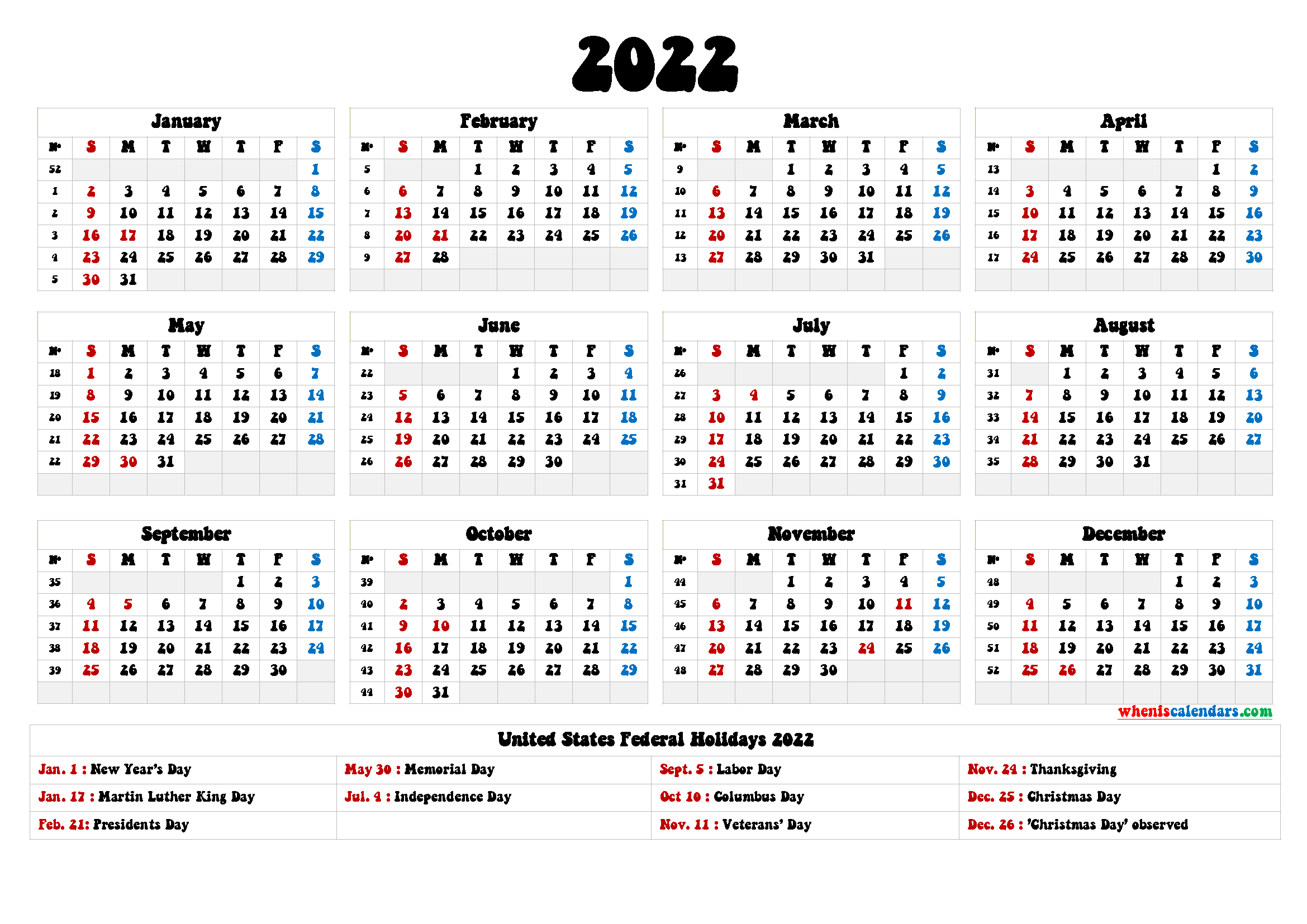 2022 One Page Calendar Printable - 9 Templates-2022 Yearly Calendar Printable One Page