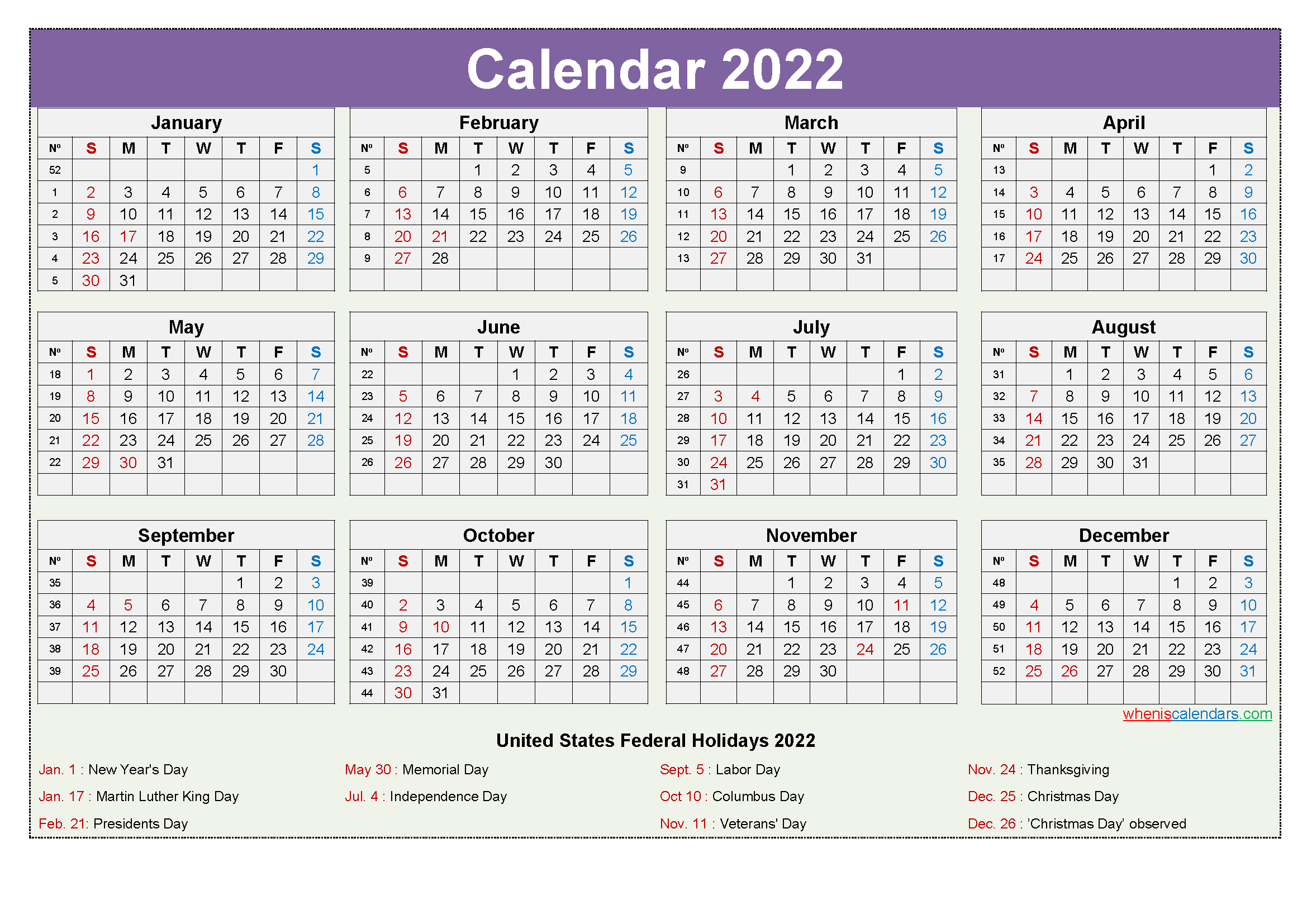 2022 Printable Calendar One Page With Holidays - Download 2022-2022 Yearly Calendar Printable One Page