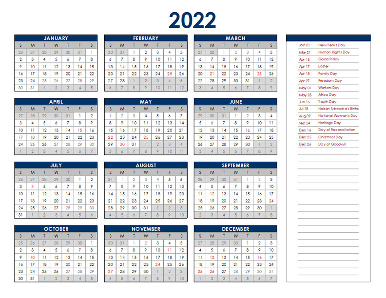 2022 South Africa Annual Calendar With Holidays - Free Printable Templates-Calendar 2022 Malaysia School Holiday