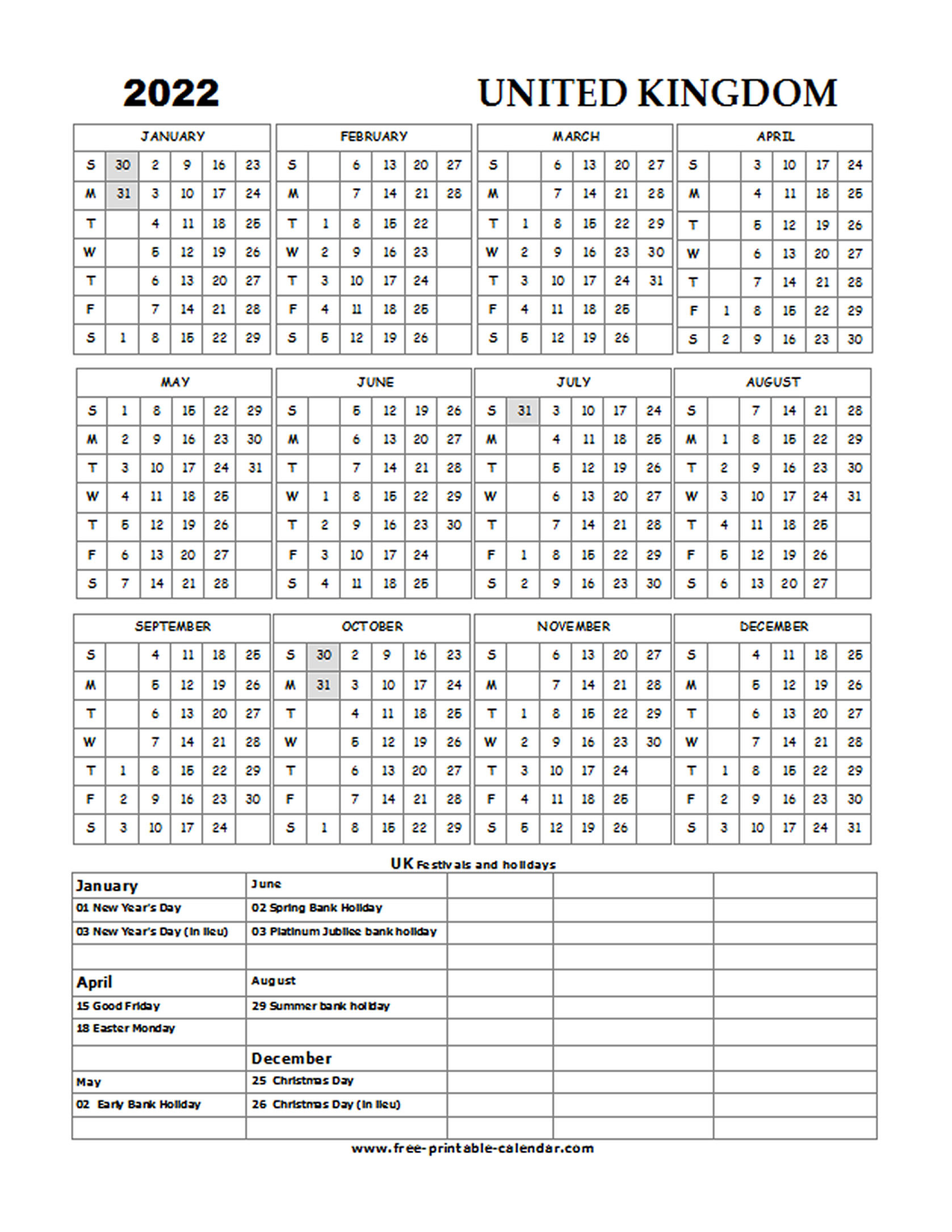 2022 Uk Holiday Calendar - Free-Printable-Calendar-Printable Monthly Calendar 2022 Uk