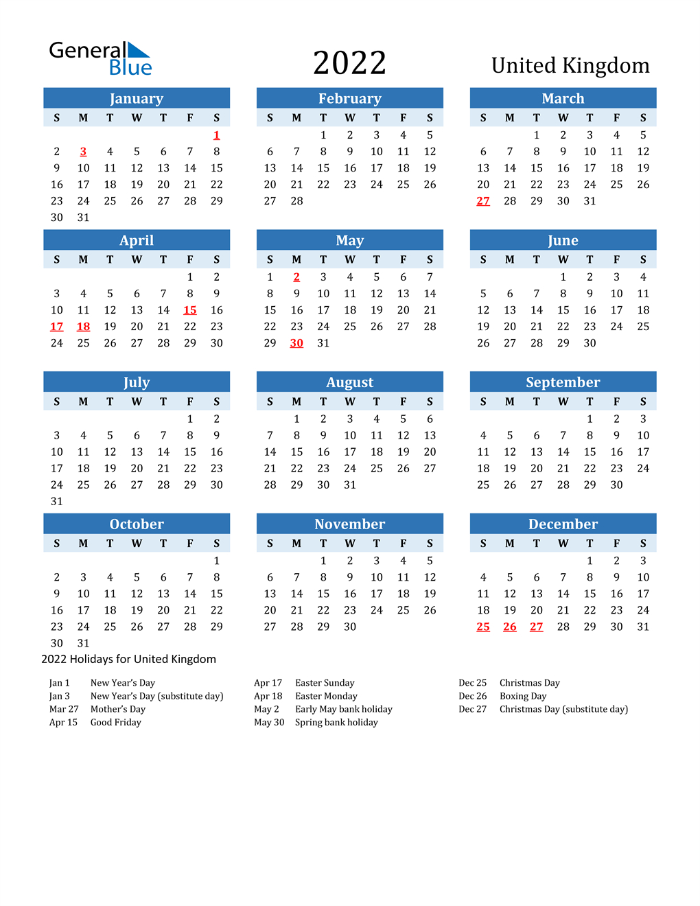 2022 United Kingdom Calendar With Holidays-2022 Calendar With Holidays Printable Free