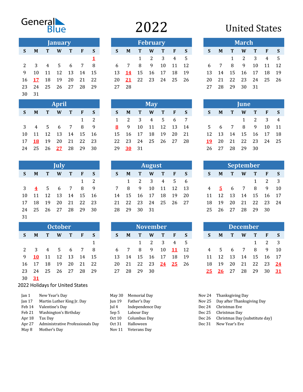 2022 United States Calendar With Holidays-2022 Calendar With Holidays Printable
