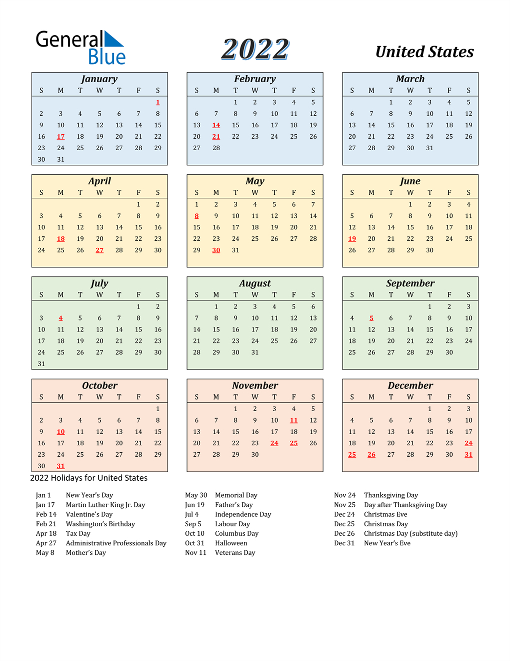 2022 United States Calendar With Holidays-Yearly Calendar 2022 Free Printable