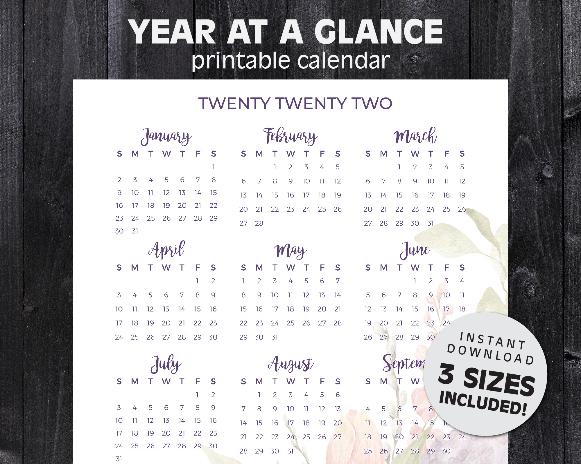 2022 Year At A Glance Calendar | Bouquet Floral | Printable Calendar-2022 Calendar At A Glance Printable
