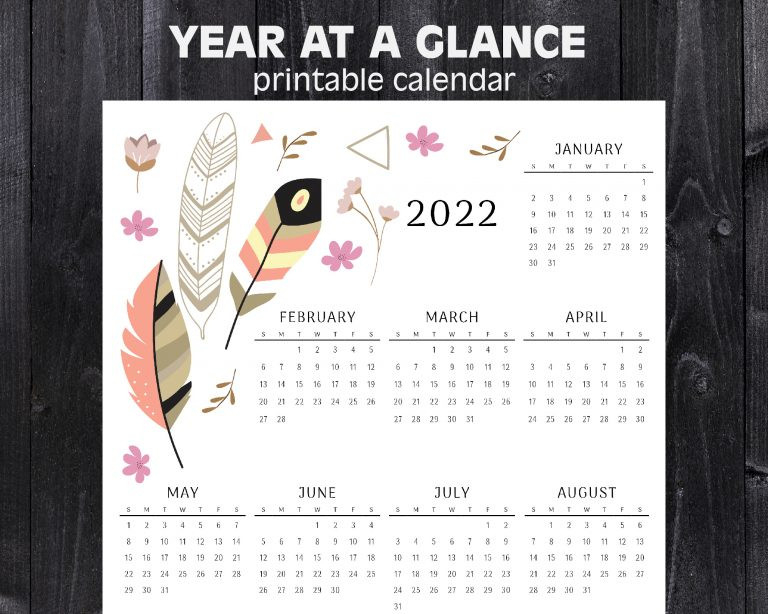 2022 Year At A Glance Calendar | Feathers | Printable Calendar-2022 Calendar At A Glance Printable