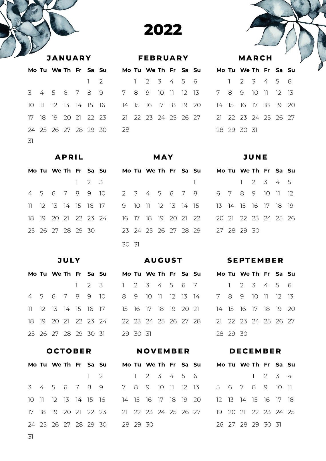 2022 Year At A Glance Calendar Printable One Page 12 Month | Etsy-2022 Printable Calendar By Month