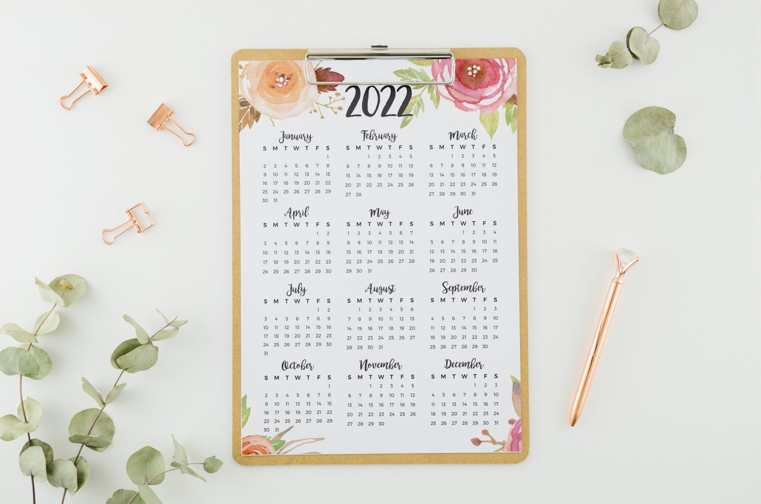 2022 Year At A Glance Calendar | Watercolor Roses | Printable Calendar-At A Glance Calendar 2022