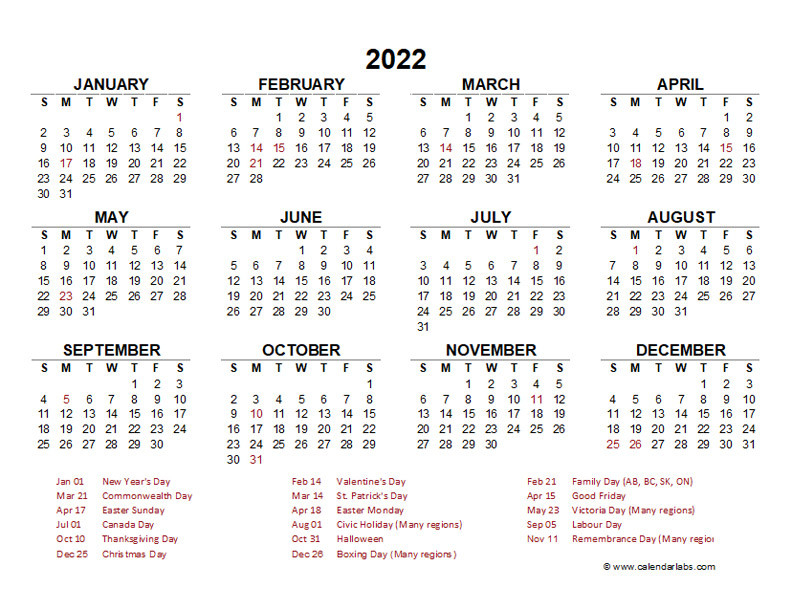 2022 Year At A Glance Calendar With Canada Holidays - Free Printable-Printable 2022 Calendar With Canadian Holidays