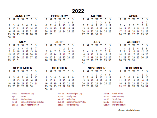 2022 Year At A Glance Calendar With South Africa Holidays - Free-South Africa Holiday Calendar 2022