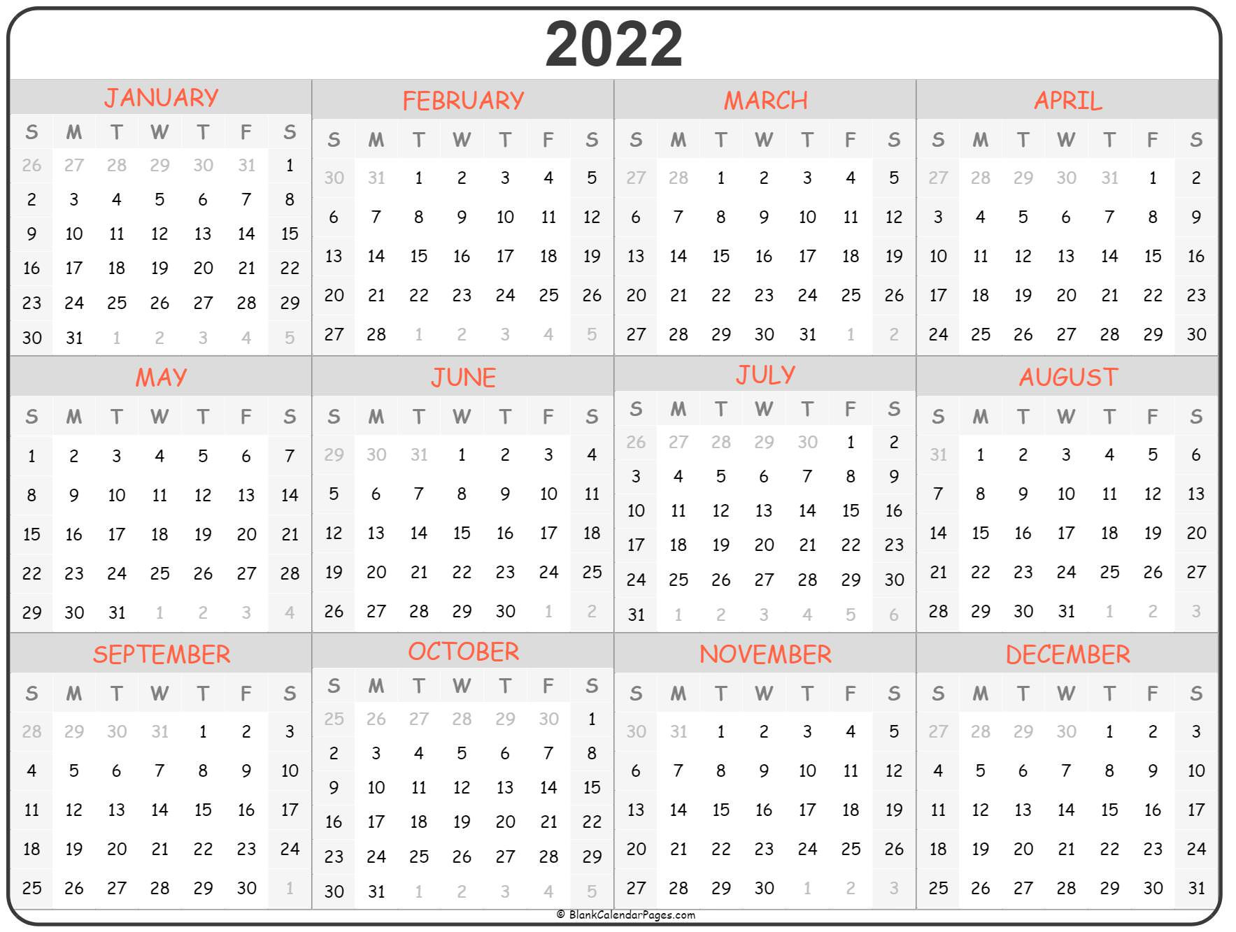 2022 Year Calendar | Yearly Printable-2022 Calendar Printable Time And Date