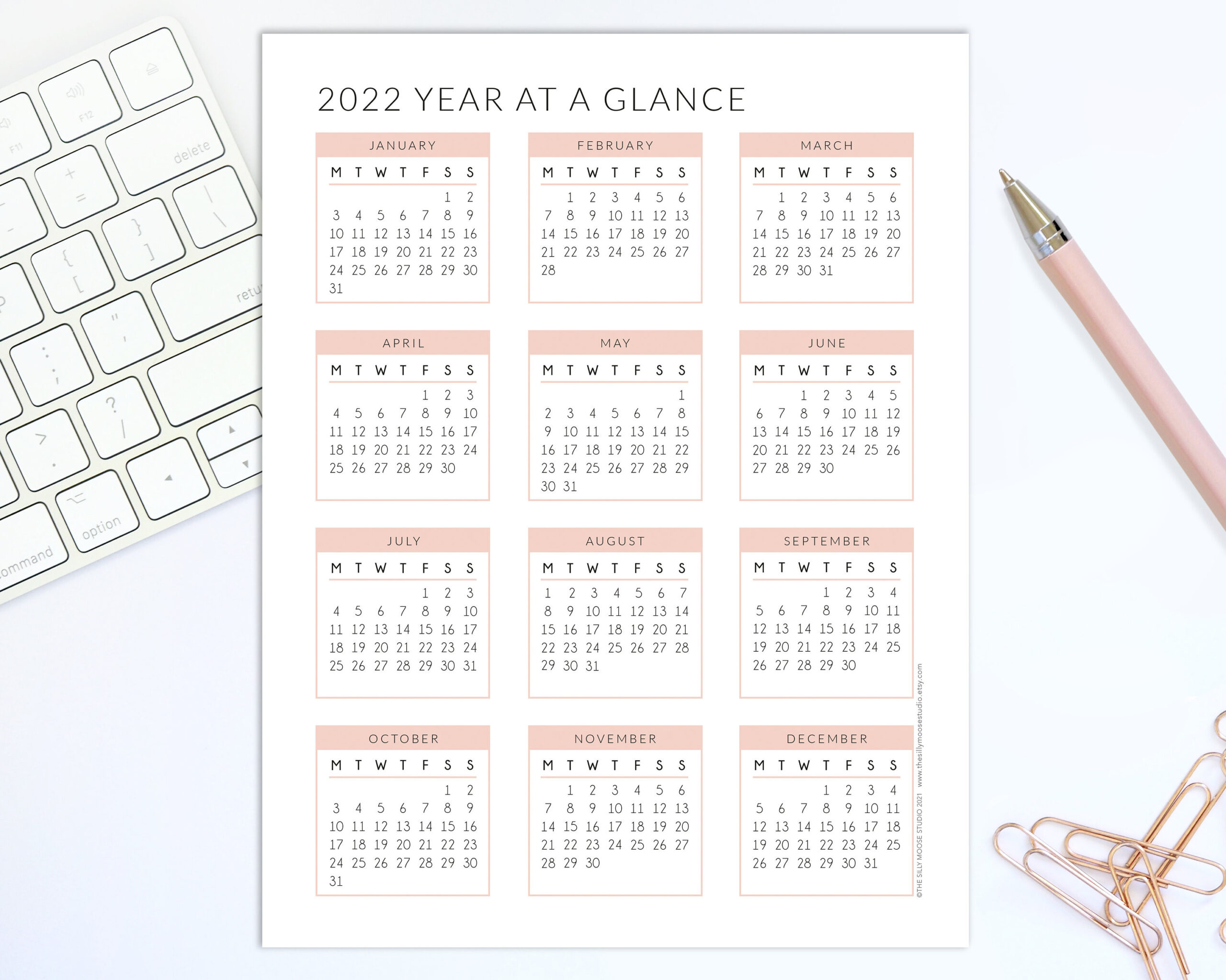 2022 Yearly Calendar Printable Monday Start Year At A | Etsy-Printable 2022 Calendar Monday Start