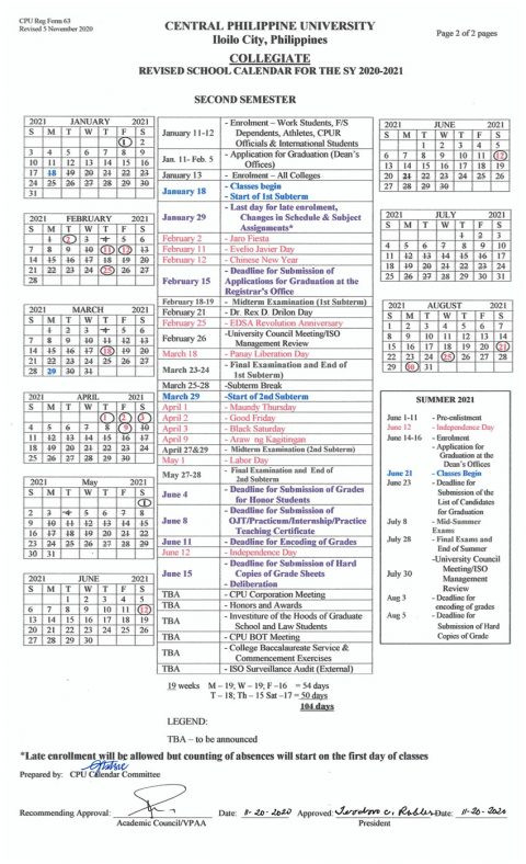 2Nd Semester Sy 2020-2021 Collegiate Calendar | Central Philippine-School Year 2021 To 2022 Philippines Calendar