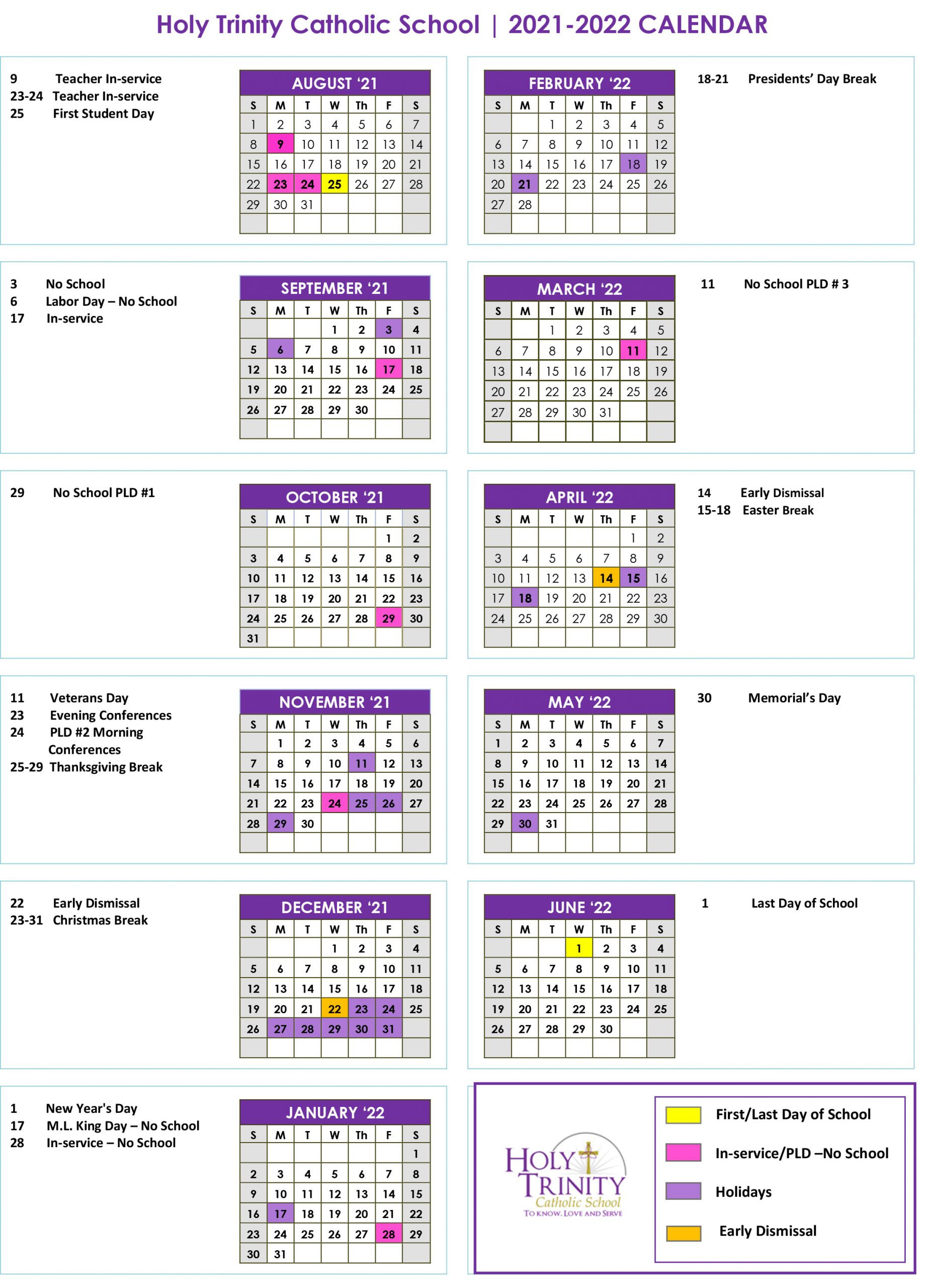 Academic Calendar 2021-2022 - Holy Trinity Catholic School, Altoona Pa-2021 And 2022 School Calendar Free Printable