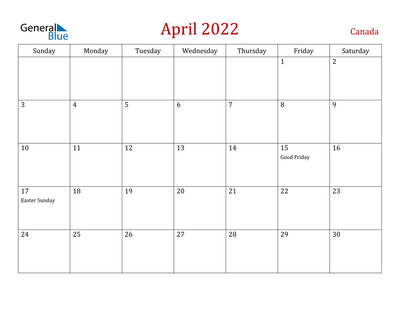April 2022 Calendar - Canada-Easter 2022 Calendar Date Uk