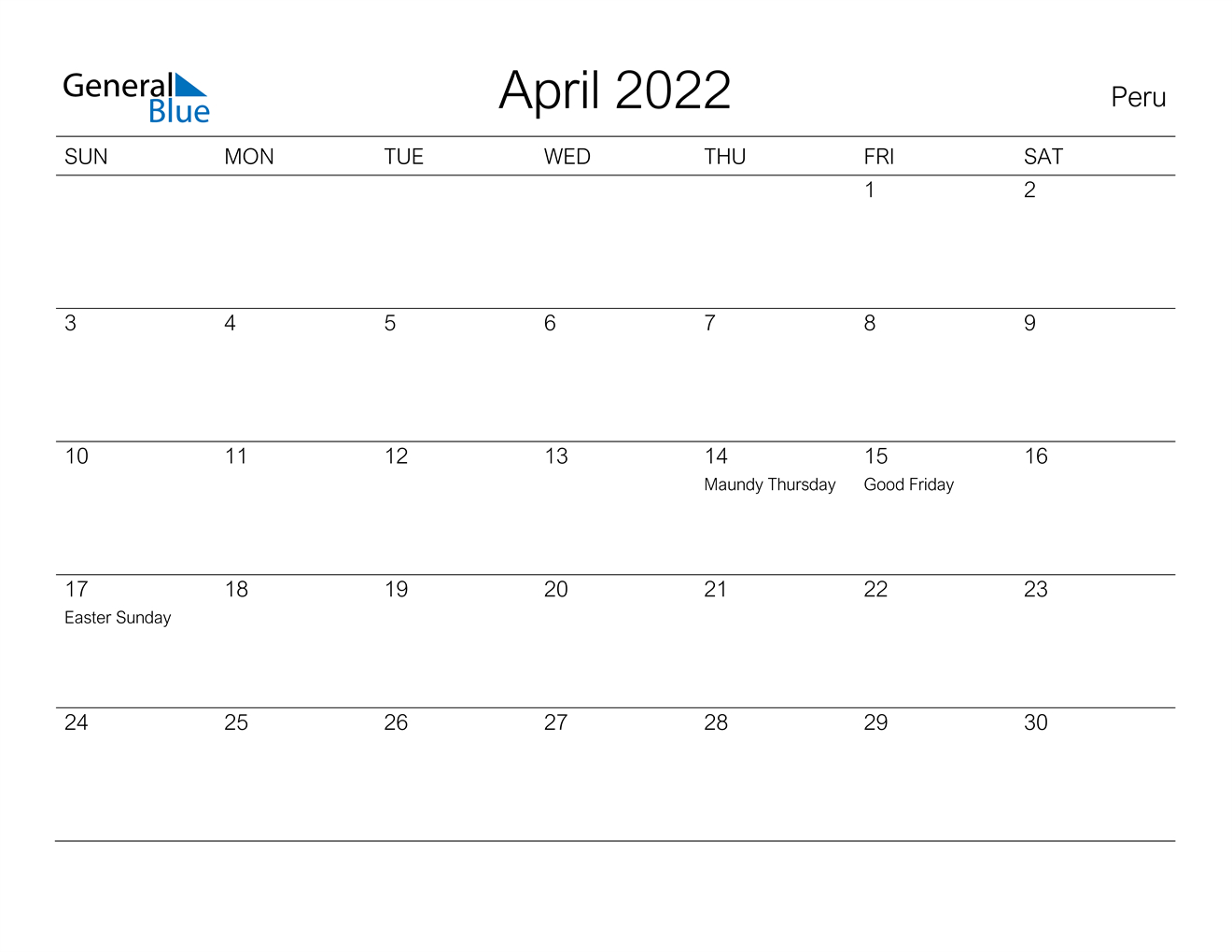 April 2022 Calendar - Peru-Easter 2022 Calendar Date Uk