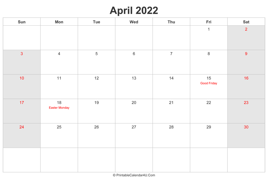 April 2022 Calendar With Uk Bank Holidays Highlighted (Landscape Layout)-Easter 2022 Calendar Date Uk