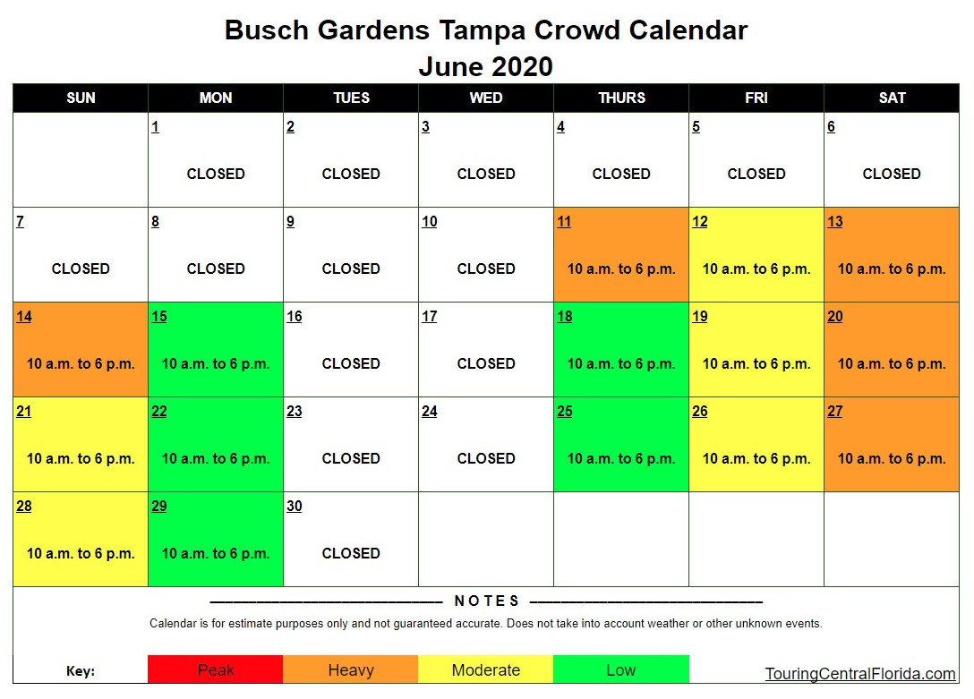Busch Gardens Tampa - Crowd Calendar - June 2020 - Touring Central Florida-Disney Crowd Calendar 2022 Touring Plans