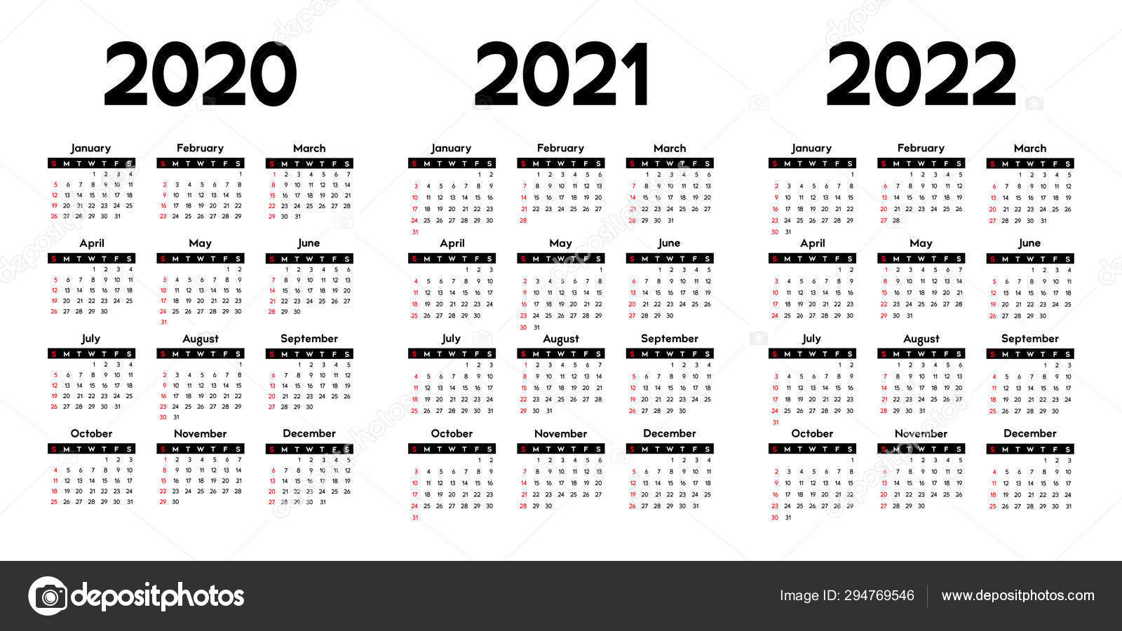 Calendar 2020 2021 2022 Week Starts Sunday Basic Business Template-3 Year Calendar 2019 To 2022 Printable