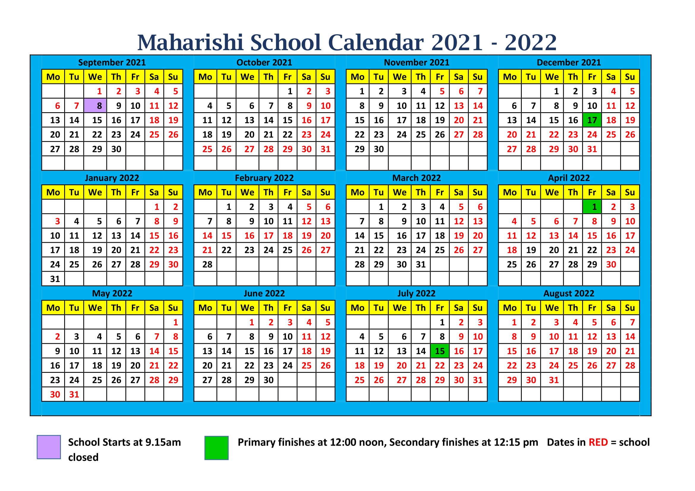 Calendar 2021-2022-1 - Maharishi School-2021 Calendar 2022 Printable With Holidays