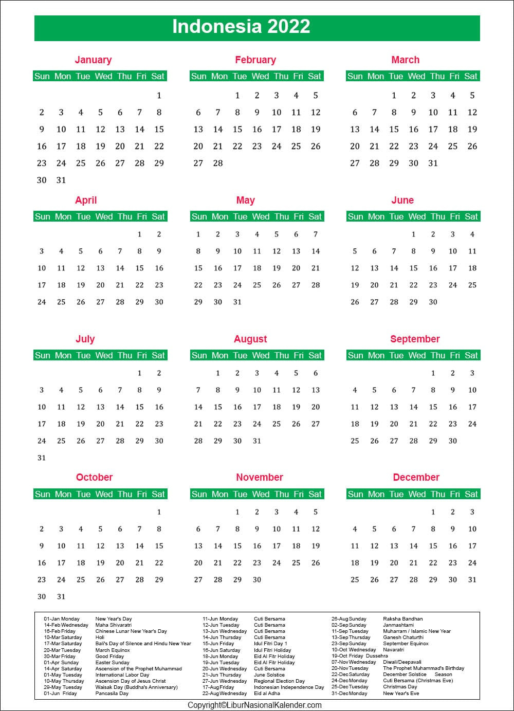 Calendar 2022 Indonesia | Public Holidays 2022-Bank Holiday Calendar For 2022