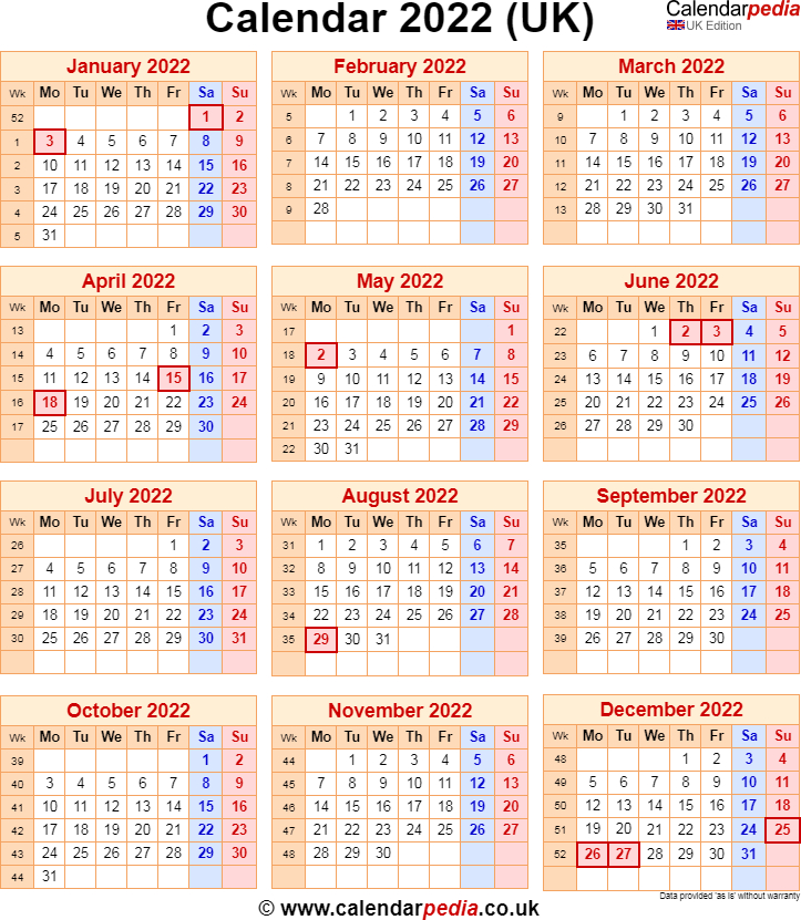 Calendar 2022 Uk With Bank Holidays &amp; Excel/Pdf/Word Templates-Printable Calendar 2022 With Holidays
