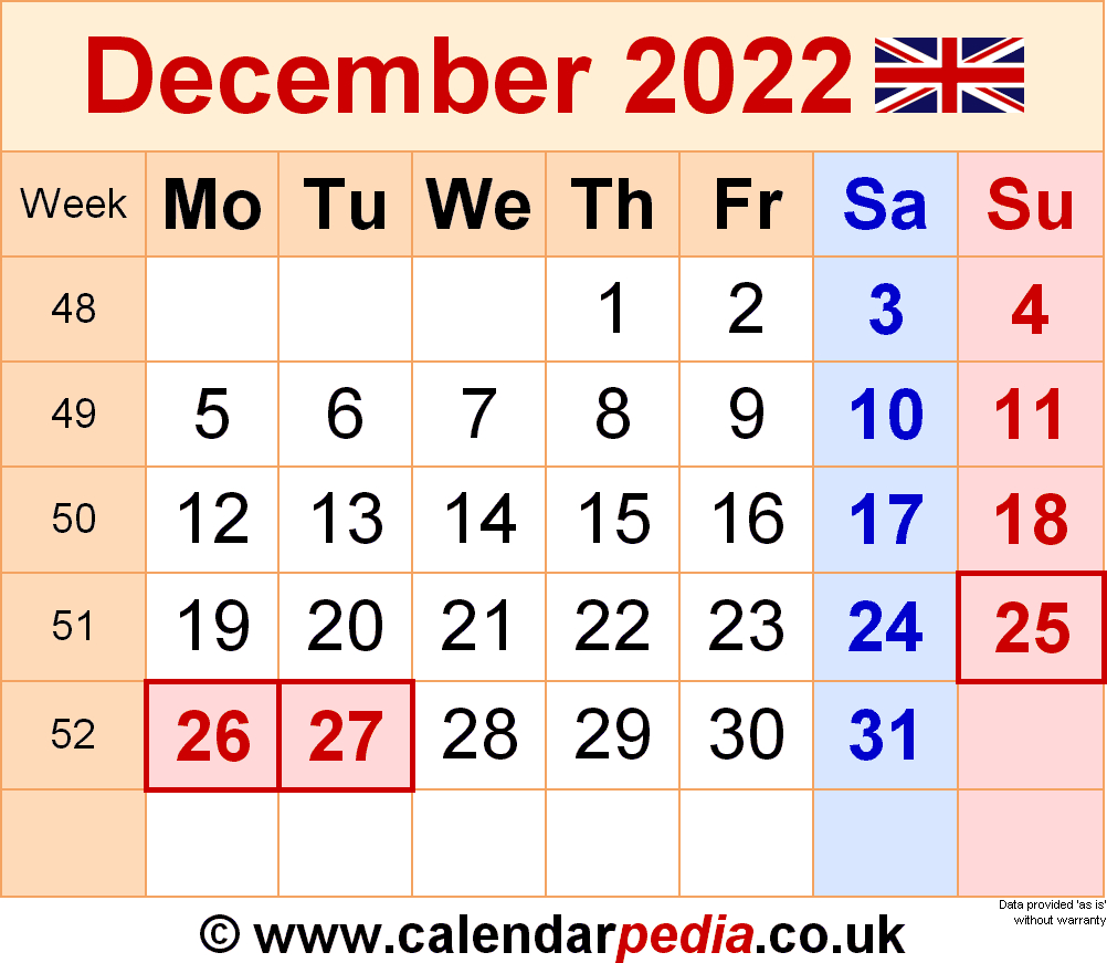 Calendar December 2022 Uk With Excel, Word And Pdf Templates-2022 Calendar With Holidays Uk