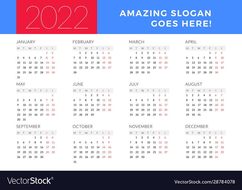 Calendar For 2022 Year Week Starts On Monday Vector Image-2022 Calendar Vector Free Download
